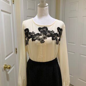 Talbots Women Cream Blouse Long Sleeves Black Embroidery Semi Sheer Size L